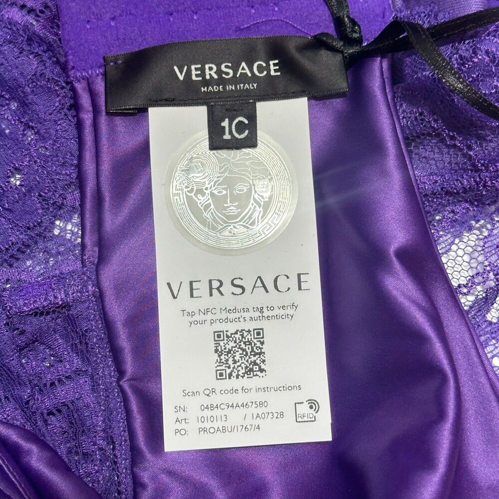 NWT Versace Runway SS23 Bodysuit Size 1C/ 32C/ XS Bustier Satin Lace Purple $875 - Picture 11 of 15